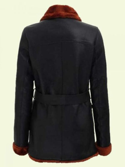 Black Shearling Belted Leather Coat For Women's