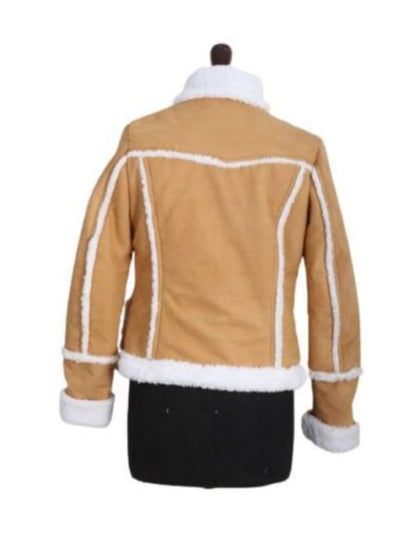 Tan Shearling Trim Stand-up Collar Suede Jacket