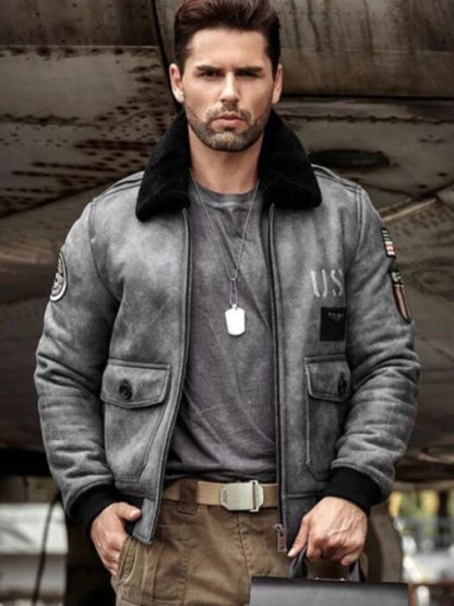 B3 RAF Flight Shearling Leather Grey Jacket Coat