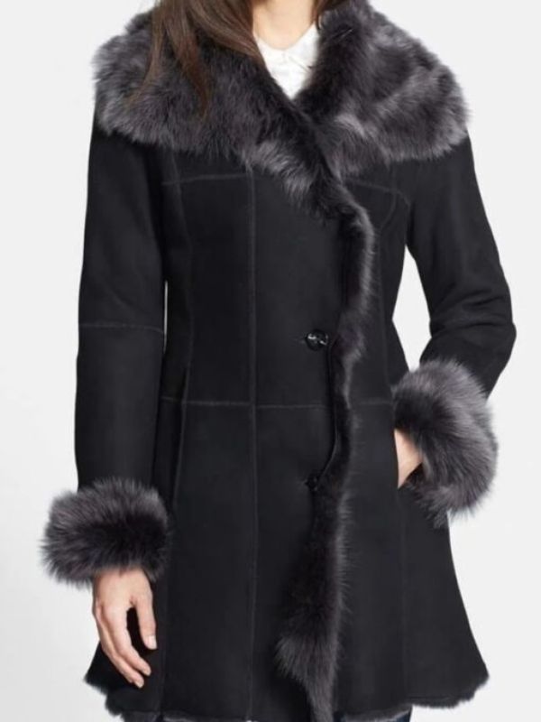 Women's Mid-Length Suede Leather Shearling Fur Coat