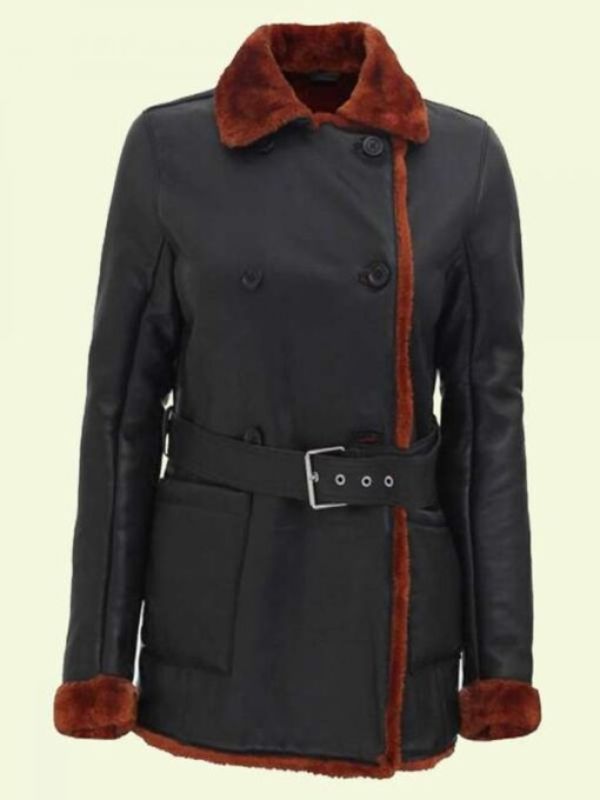 Black Shearling Belted Leather Coat For Women's