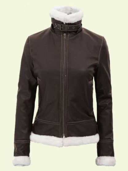 Women's Dark Brown Shearling Leather Hooded Jacket