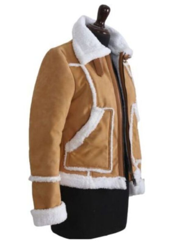 Tan Shearling Trim Stand-up Collar Suede Jacket