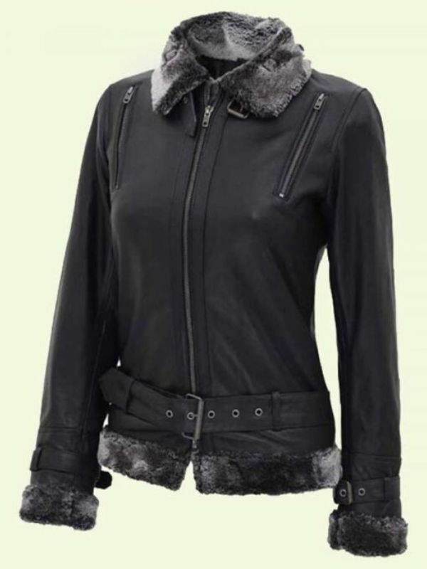 Women's Black Leather Shearling Jacket With Belted Closure