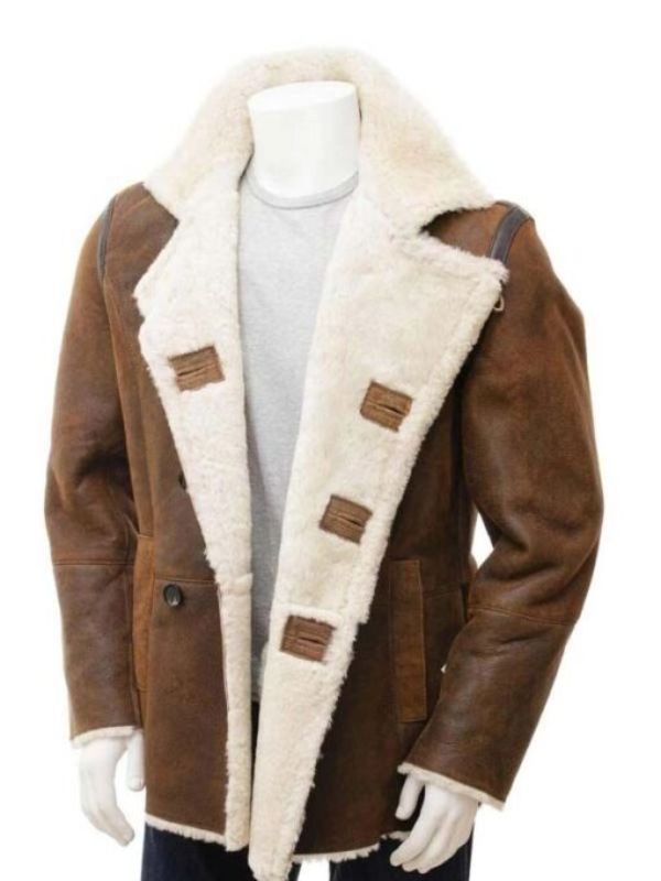 Tan Sheepskin Leather Double Breasted Shearling Peacoat