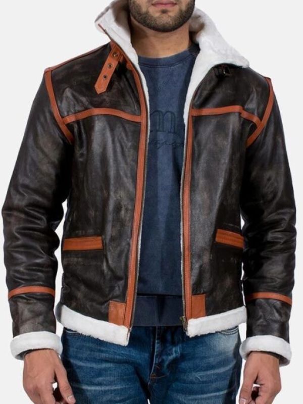 Mens Shearling Brown Distressed Leather Jacket