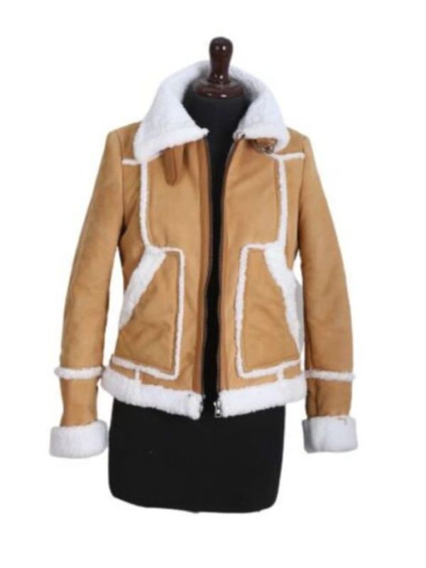 Tan Shearling Trim Stand-up Collar Suede Jacket