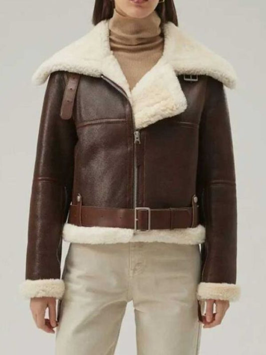 Women's Cropped Style Brown Leather Shearling Jacket 