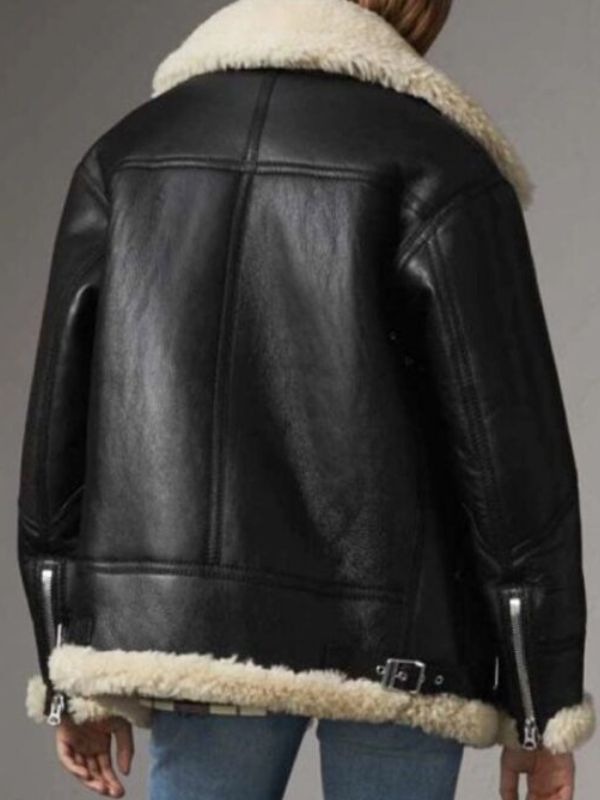 Shearling Aviator Ivory Black Leather Jacket For Women’s