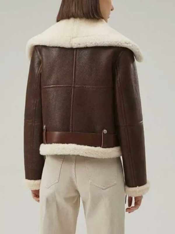 Women's Cropped Style Brown Leather Shearling Jacket 