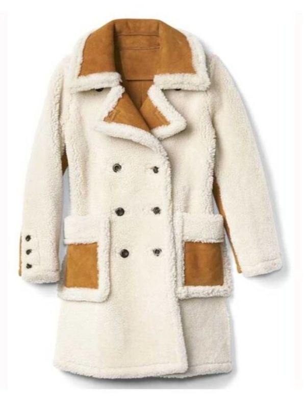 White And Brown Double Breasted Shearling Leather Coat