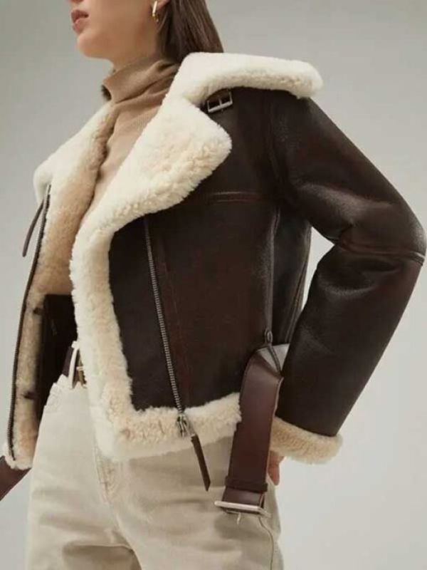 Women's Cropped Style Brown Leather Shearling Jacket 