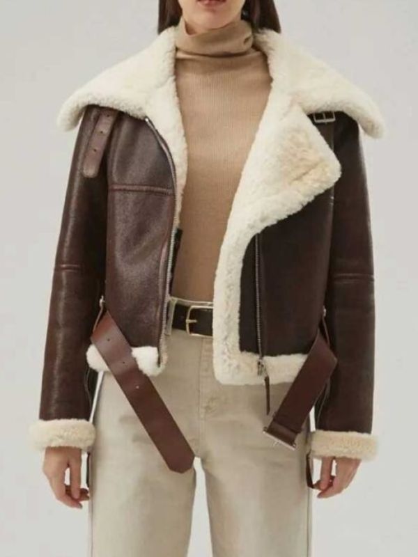 Women's Cropped Style Brown Leather Shearling Jacket 