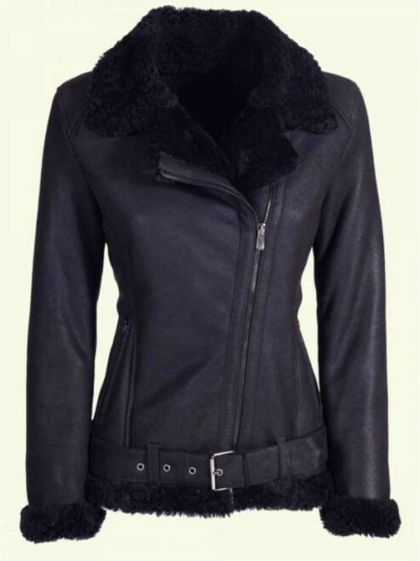 Black Biker Shearling Leather Jacket For Women's