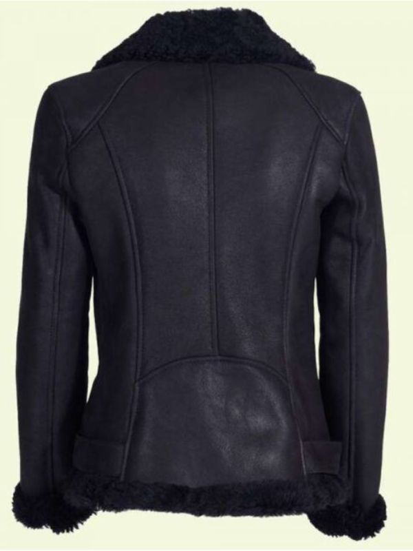 Black Biker Shearling Leather Jacket For Women's