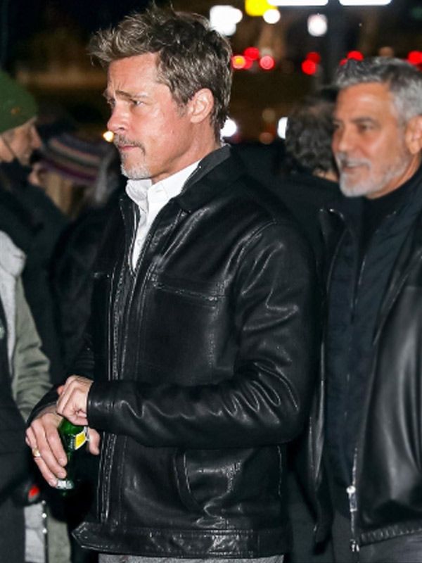 Wolfs 2024 Brad Pitt Black Leather Jacket