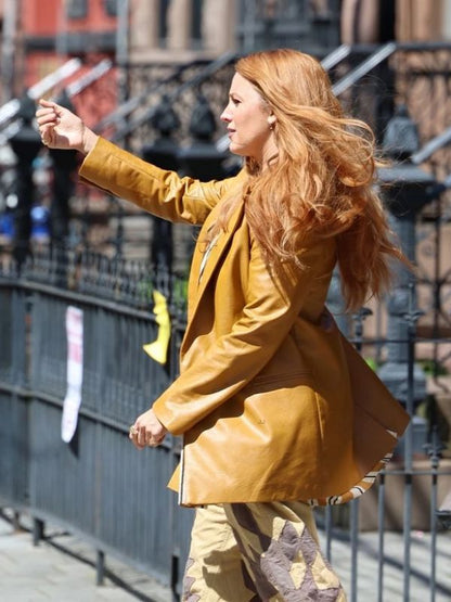 Blake Lively It Ends With Us Mustard Leather Coat