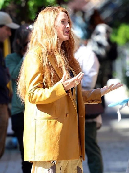 Blake Lively It Ends With Us Mustard Leather Coat