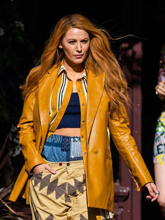 Blake Lively It Ends With Us Mustard Leather Coat