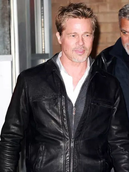 Wolfs 2024 Brad Pitt Black Leather Jacket