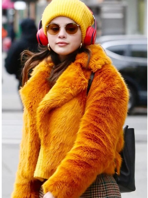 Selena Gomez Orange Fur Jacket