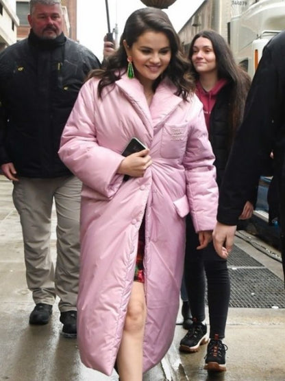 Selena Gomez Pink Puffer Coat