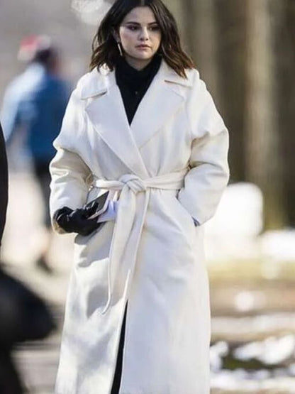 Selena Gomez White Wool Trench Coat