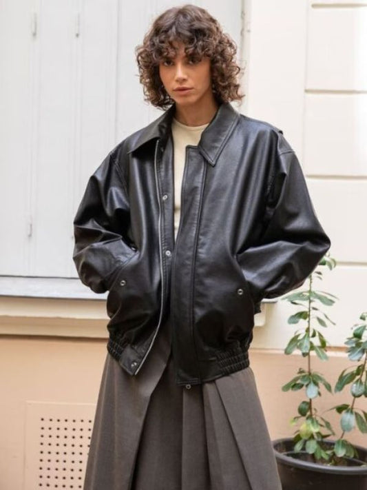 Stylish Women's 90's Oversized Black Real Leather Jacket