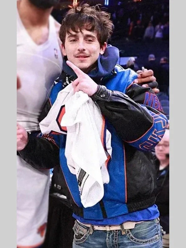 Timothee Chalamet NewYork Knicks Blue & Black Leather Jacket