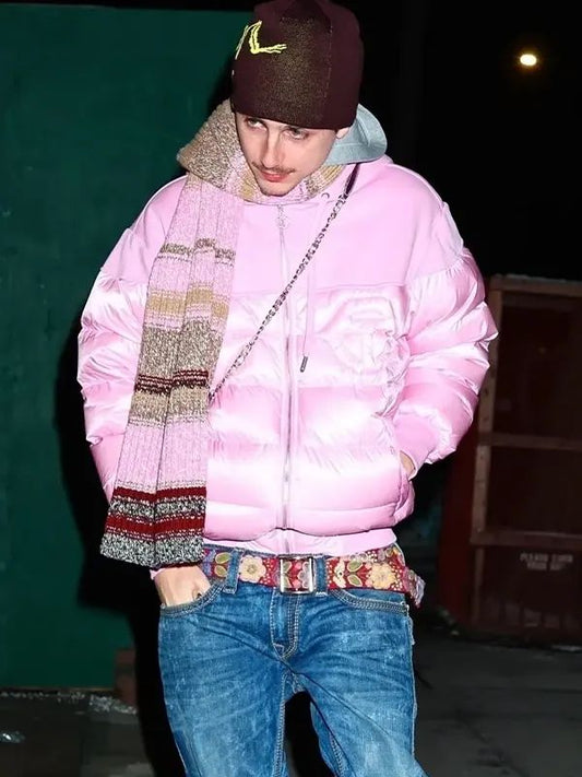 Timothee Chalamet Telfar Pink Puffer Coat