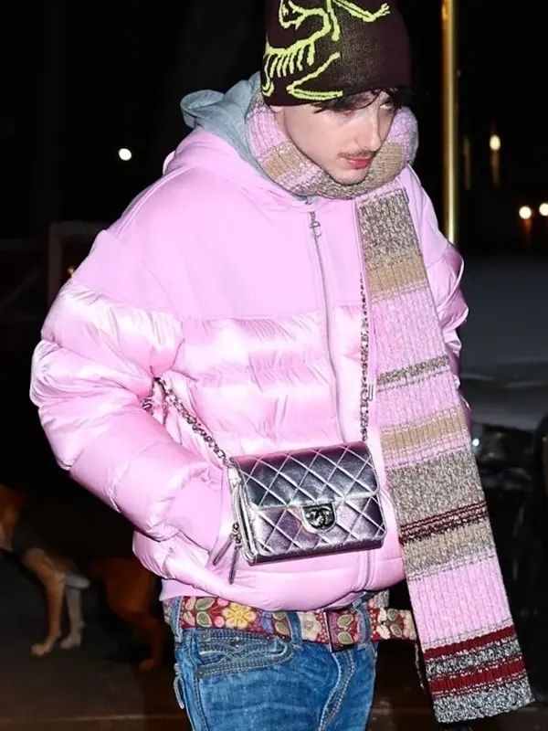 Timothee Chalamet Telfar Puffer Coat Pink