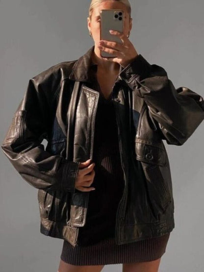 90's Oversized Brown Bomber Retro Vintage Leather Jacket  