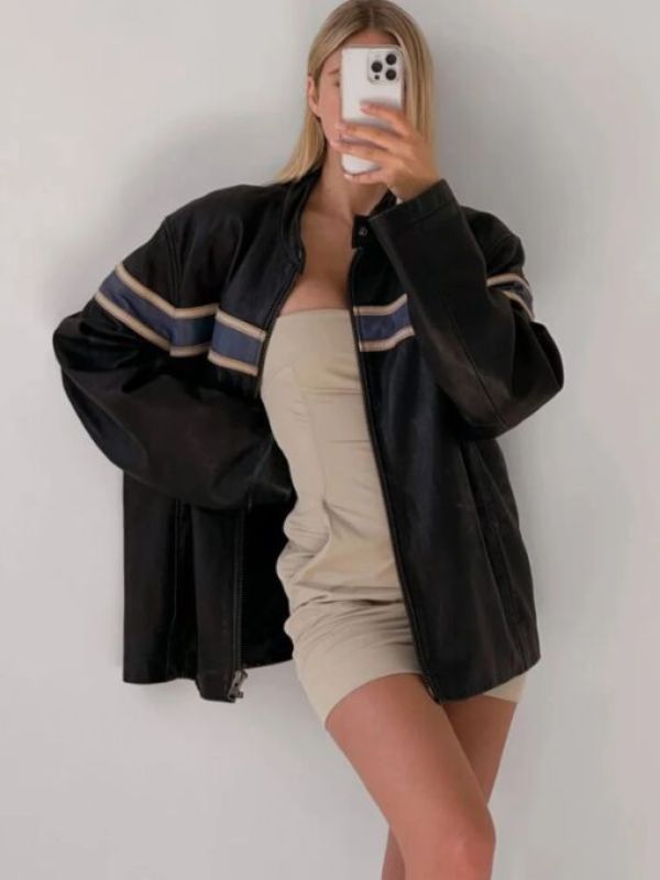Vintage Ultra Oversized Striped Leather Jacket