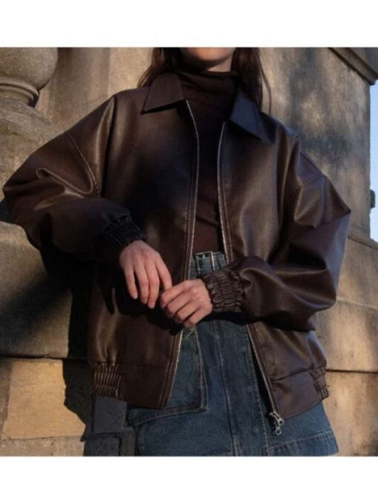 Women 90's Oversized Brown Leather Bomber Jacket