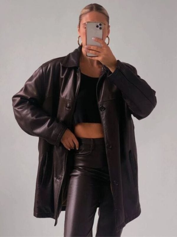 Women 90's Oversized Brown Real Leather Coat 