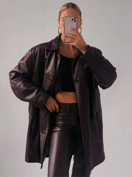 Women 90's Oversized Brown Real Leather Coat 