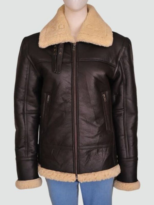 Women Aviator Bomber Leather Brown Jacket 