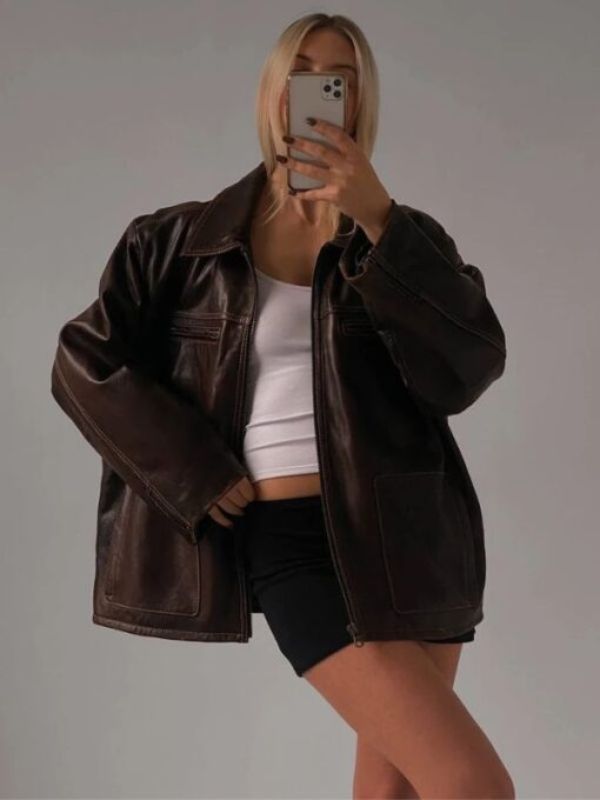 Women Brown Baggy Oversized Leather Jacket