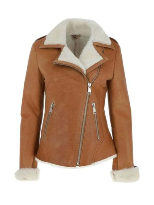 Women Leather Ten Brown Fur Shearling Jacket