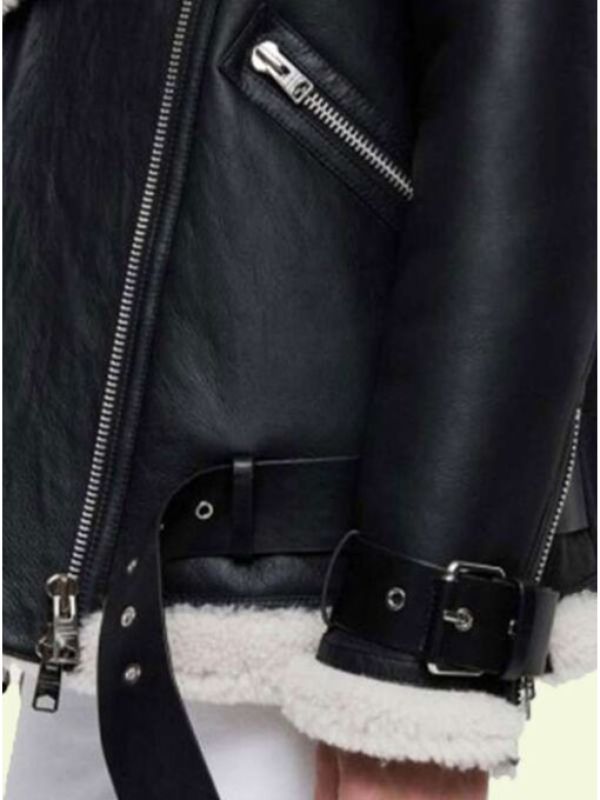 Women Shearling Black Leather Biker Jacket 