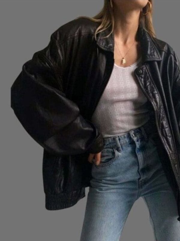 Women Vintage Classic Black Leather Bomber