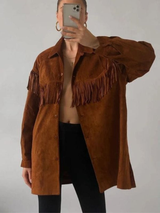 Women Vintage Fringe Brown Leather Jacket