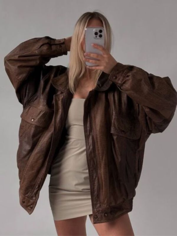 Women's 80's Oversized Brown Leather Jacket