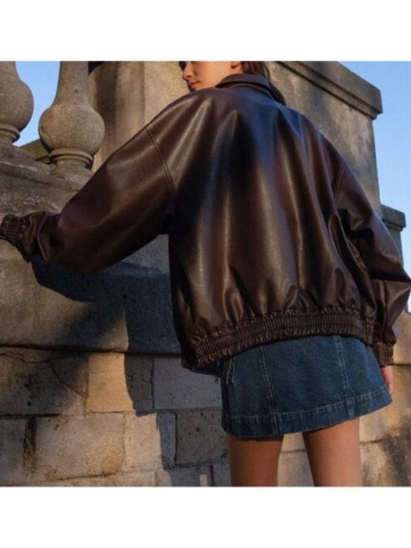 Women's 90 Oversized Brown Leather Bomber Jacket