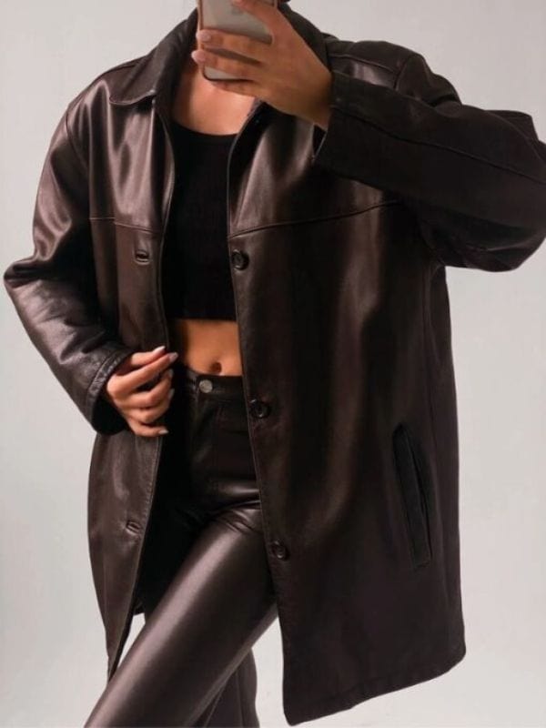 Women's 90 Oversized Brown Real Leather Coat 