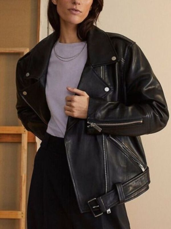 Women's 90's Oversized Black Motorcycle Biker Leather Jacket
