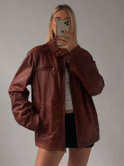 Women's 90's Oversized Brown Distressed Leather Jacket