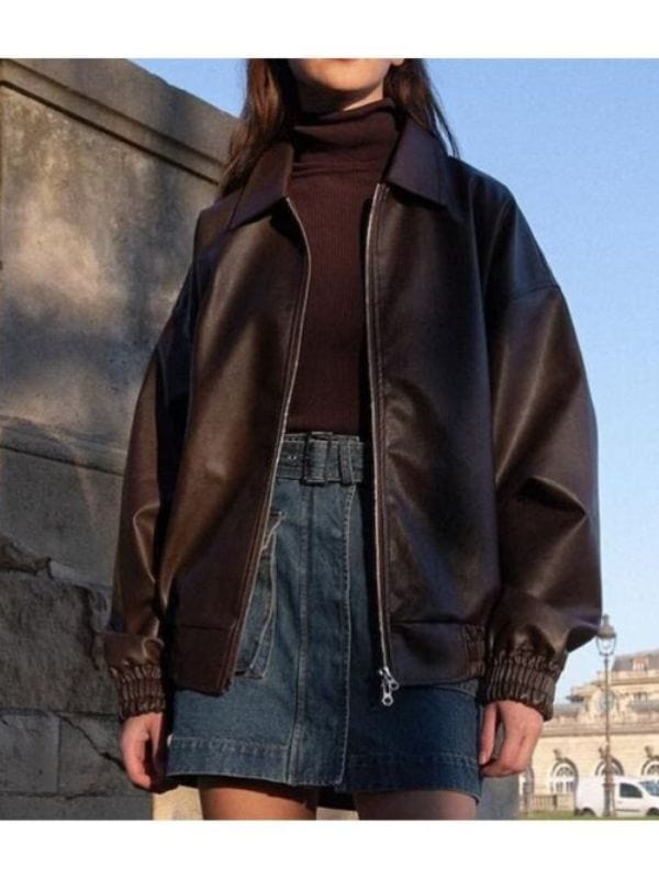 Women's 90's Oversized Leather Bomber Jacket Brown