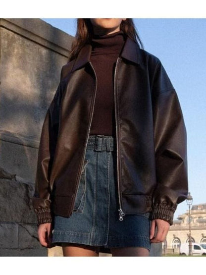 Women's 90's Oversized Leather Bomber Jacket Brown