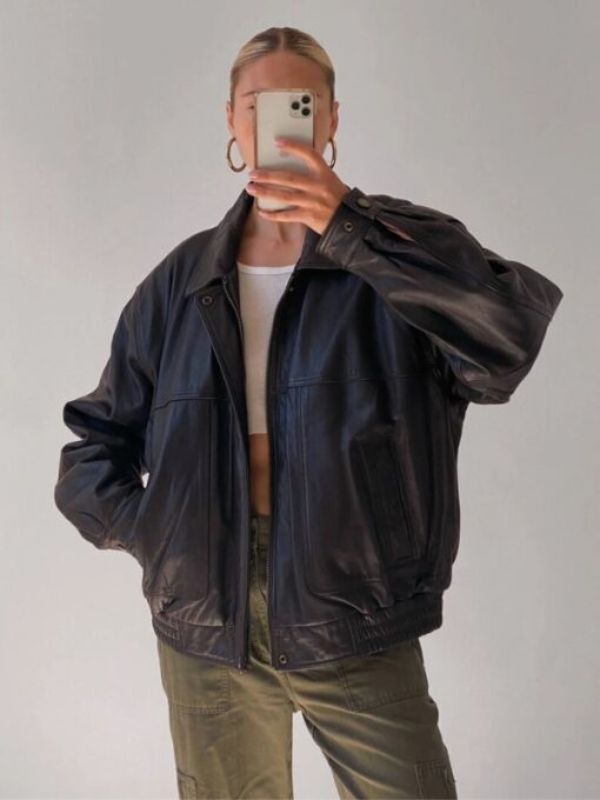 Women's 90's Oversized Straight Bomber Black leather Jacket
